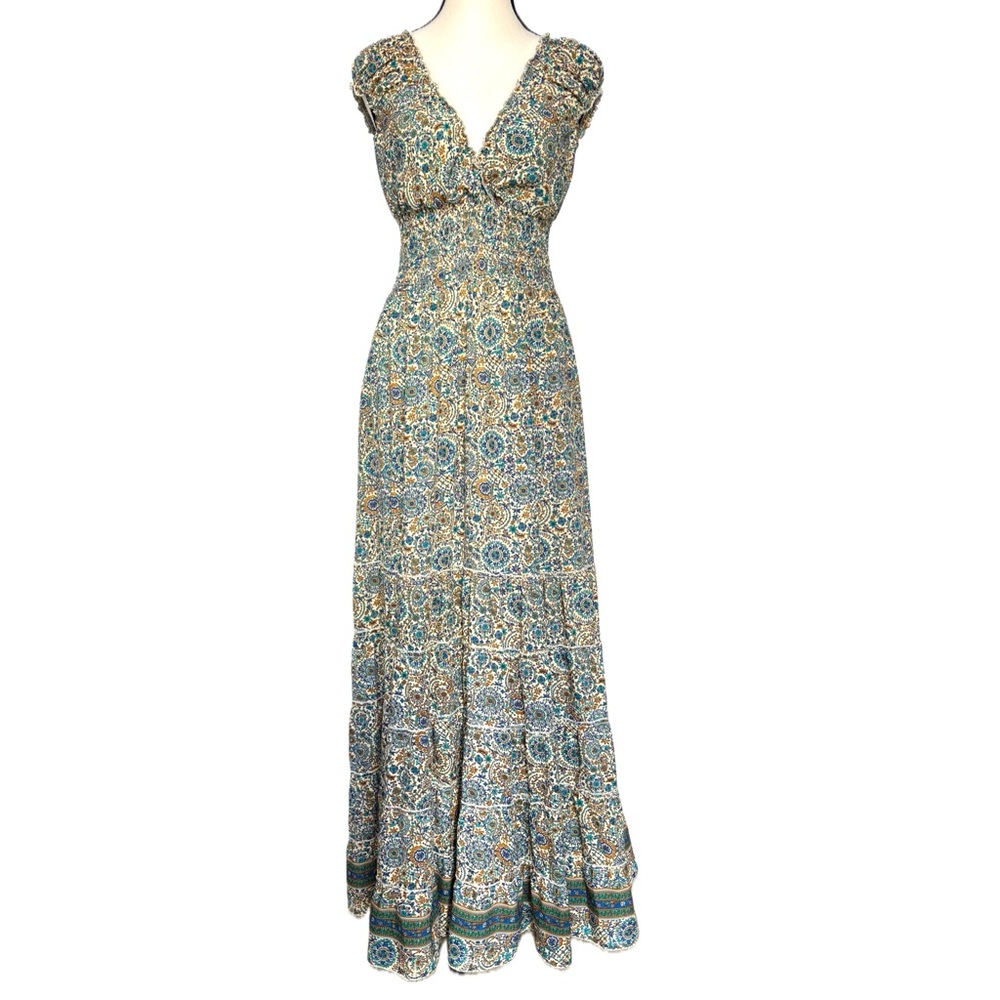 Boemo Tiered V-neck Cottage Milkmaid‎ Shirred Waist Floral Prairie Maxi Dress